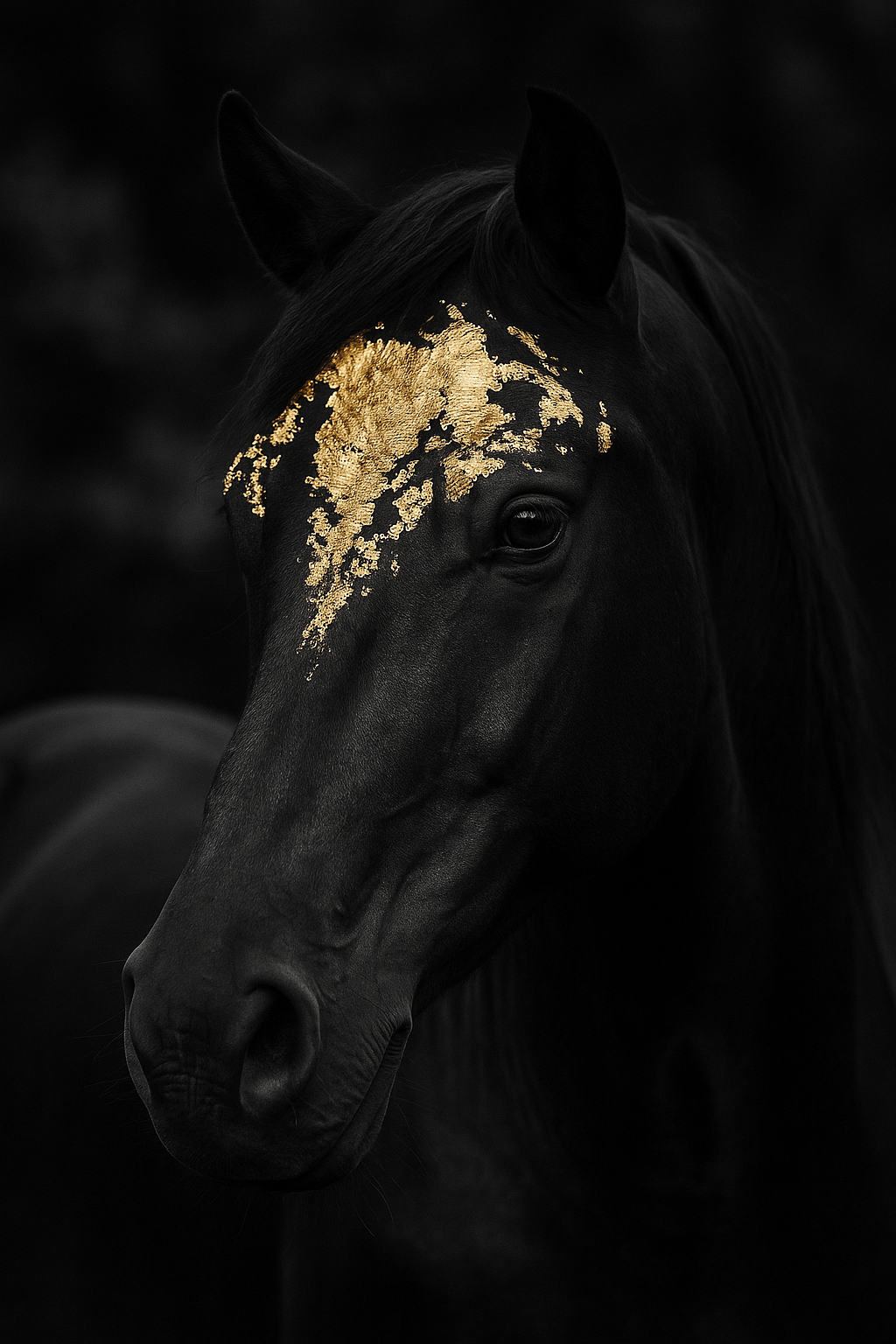 Schwarzes Pferd mit goldenen Akzenten